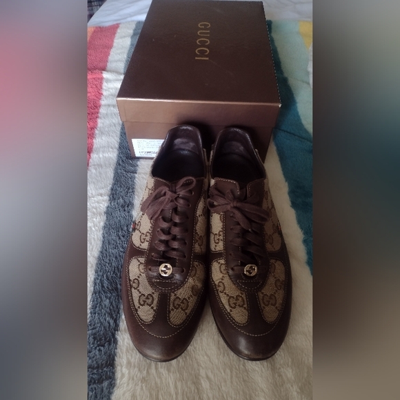 Gucci Chocolate Brown and Beige Monogram Tennis Shoes Women Size 8 - Picture 1 of 6